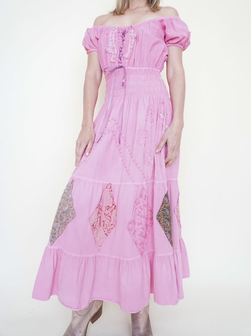 Floral Patchwork Ruffle Dress Off Shoulder Cinched Waist Upcycle