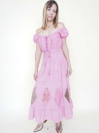 Floral Patchwork Ruffle Dress Off Shoulder Cinched Waist Upcycle