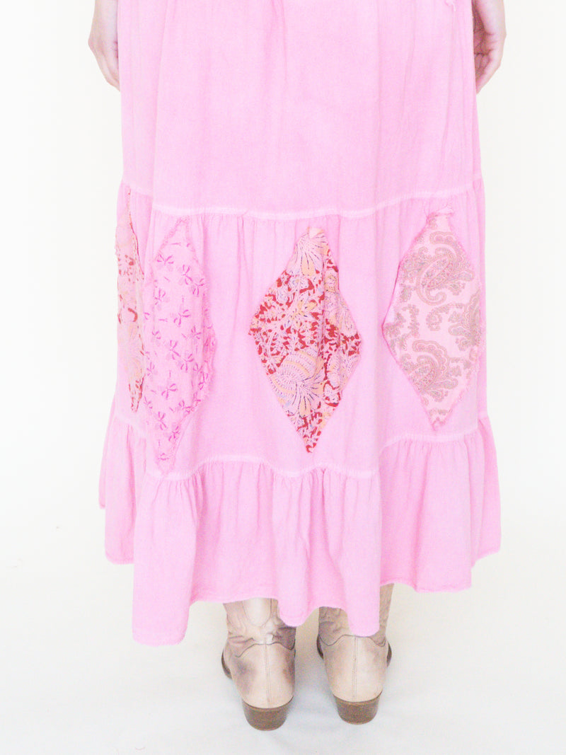 Floral Patchwork Ruffle Dress Off Shoulder Cinched Waist Upcycle