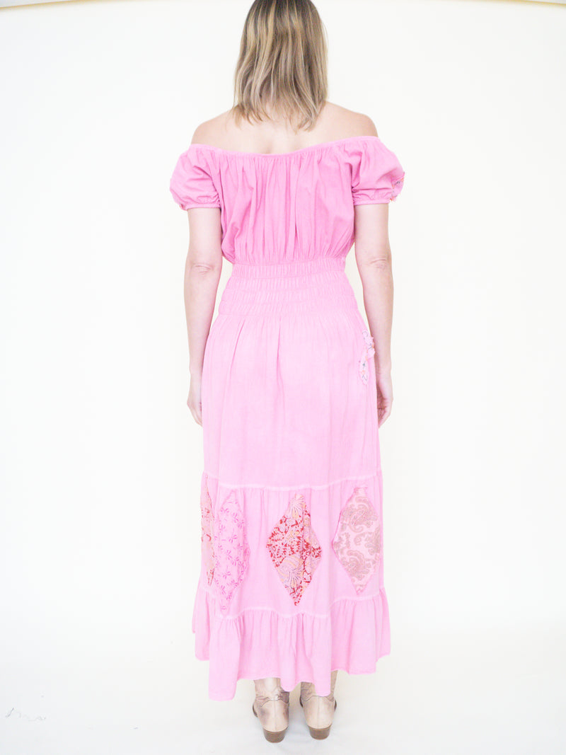 Floral Patchwork Ruffle Dress Off Shoulder Cinched Waist Upcycle
