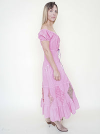 Floral Patchwork Ruffle Dress Off Shoulder Cinched Waist Upcycle