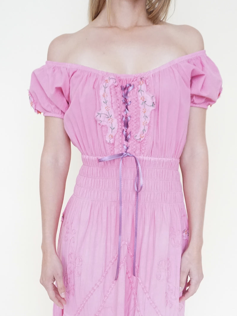 Floral Patchwork Ruffle Dress Off Shoulder Cinched Waist Upcycle