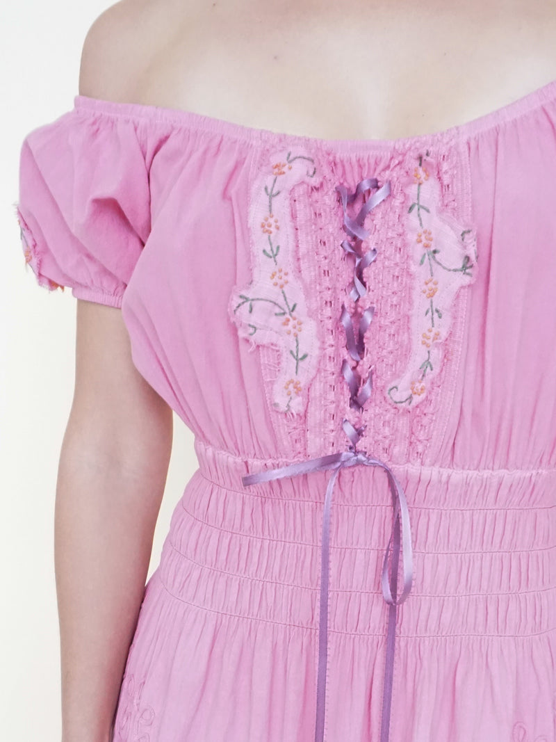 Floral Patchwork Ruffle Dress Off Shoulder Cinched Waist Upcycle