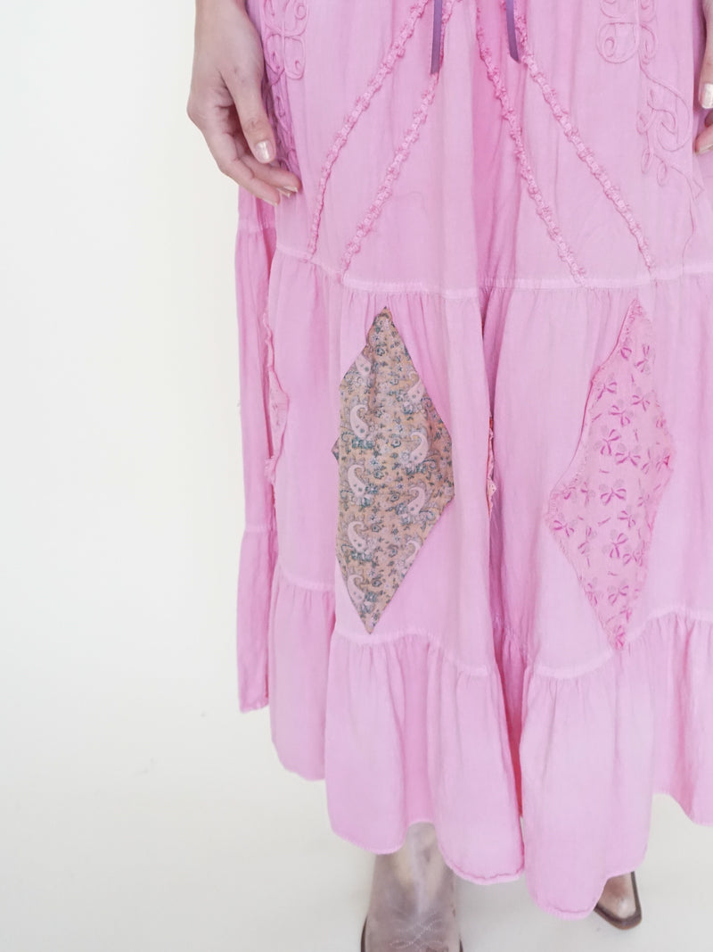 Floral Patchwork Ruffle Dress Off Shoulder Cinched Waist Upcycle