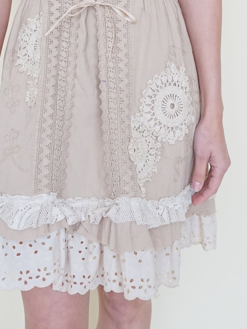 Patchwork Floral Mini Dress Off the Shoulder Ruffle Dress Vintage Upcycle