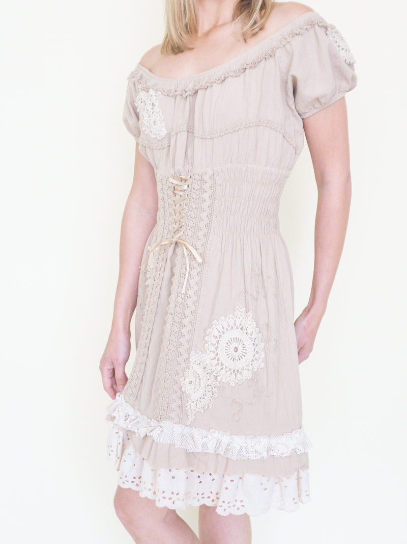 Patchwork Floral Mini Dress Off the Shoulder Ruffle Dress Vintage Upcycle