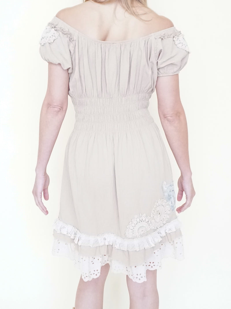 Patchwork Floral Mini Dress Off the Shoulder Ruffle Dress Vintage Upcycle