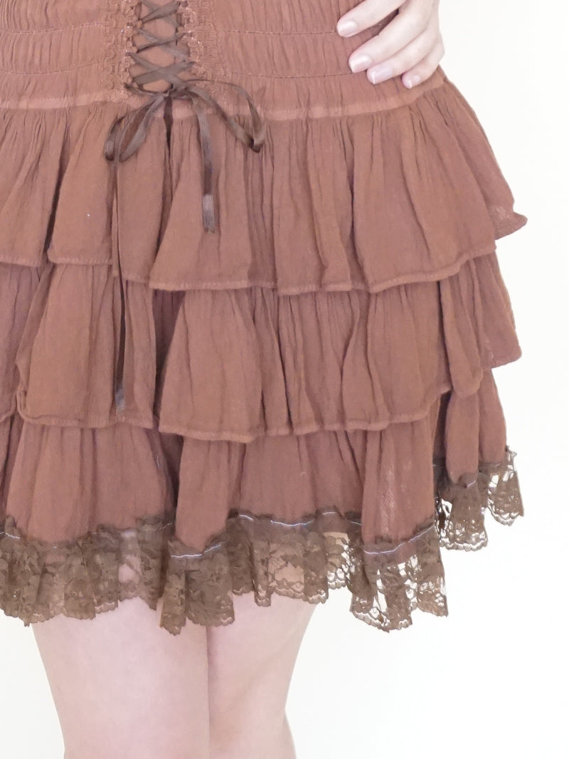 Ruffle Mini Dress Off Shoulder Cinched Waist Lace Trim Upcycle