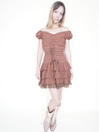 Ruffle Mini Dress Off Shoulder Cinched Waist Lace Trim Upcycle