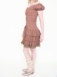 Ruffle Mini Dress Off Shoulder Cinched Waist Lace Trim Upcycle