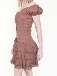Ruffle Mini Dress Off Shoulder Cinched Waist Lace Trim Upcycle