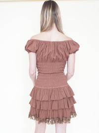 Ruffle Mini Dress Off Shoulder Cinched Waist Lace Trim Upcycle