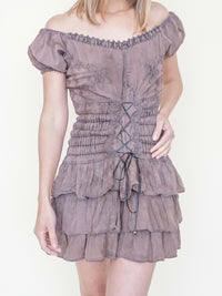 Ruffle Corset Mini Dress Off The Shoulder Boho Upcycled Floral Embroidered