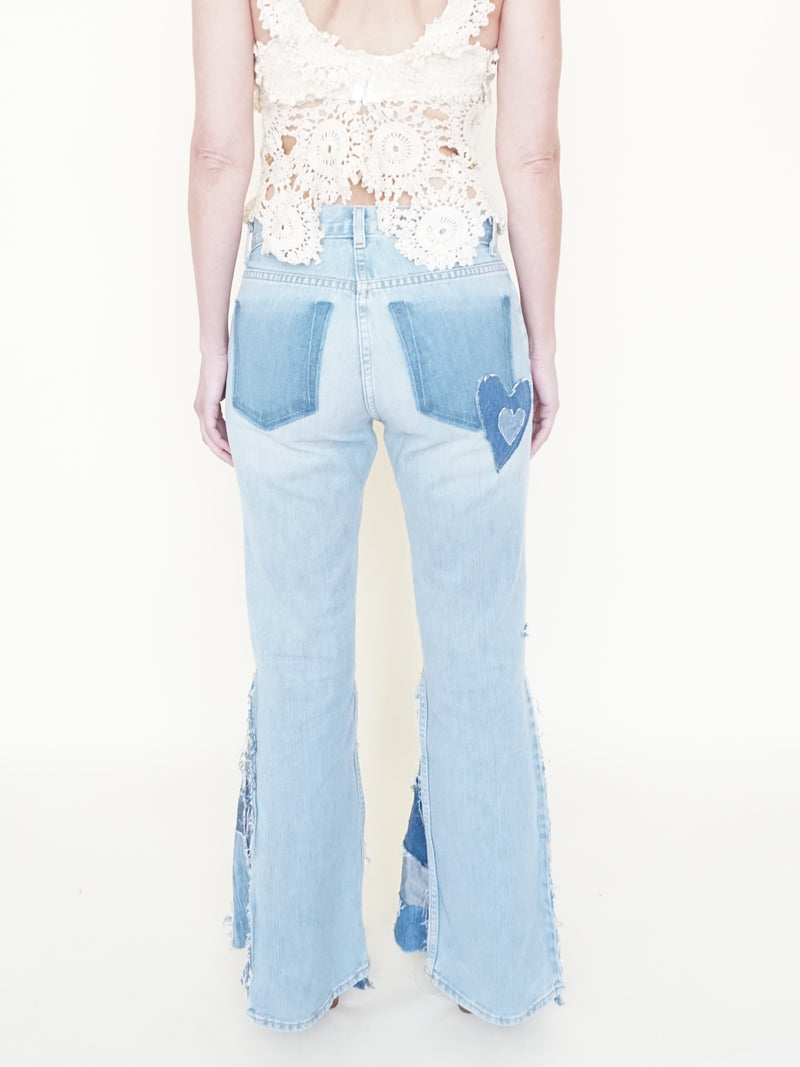 Star Patchwork Bell Bottoms Denim Vintage Upcycle Flared Jeans