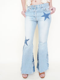 Star Patchwork Bell Bottoms Denim Vintage Upcycle Flared Jeans