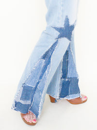 Star Patchwork Bell Bottoms Denim Vintage Upcycle Flared Jeans