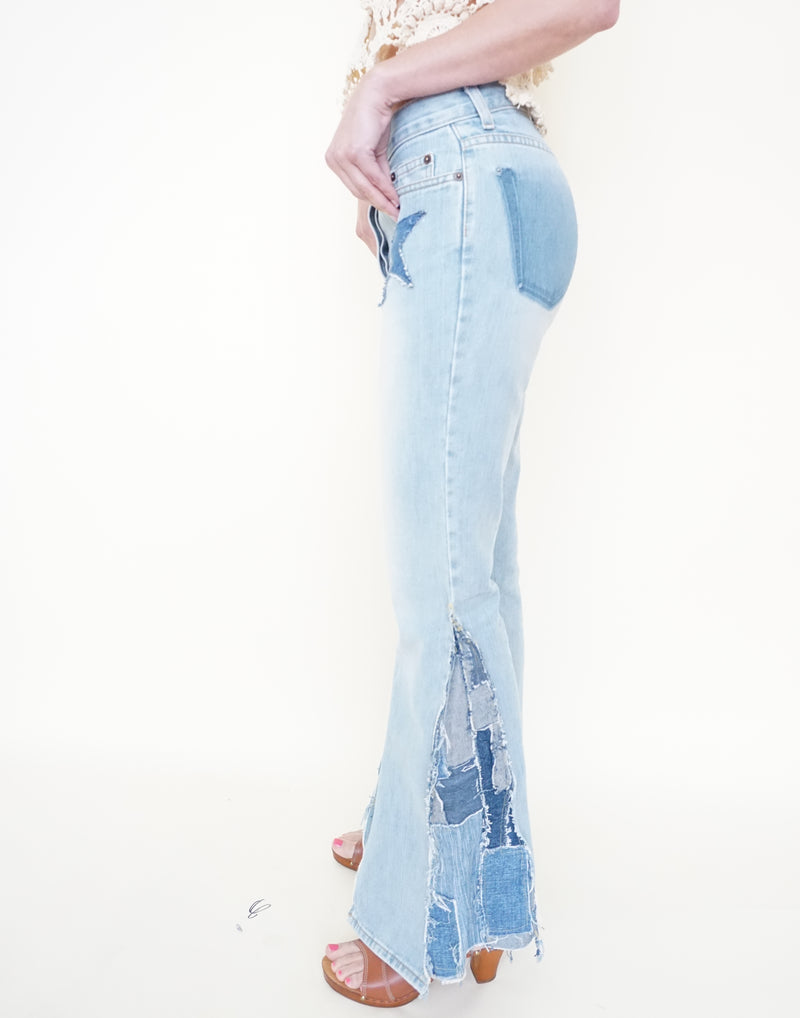 Patchwork Upcycled Flare Jeans Star Patch Boho Upcycled Jeans
