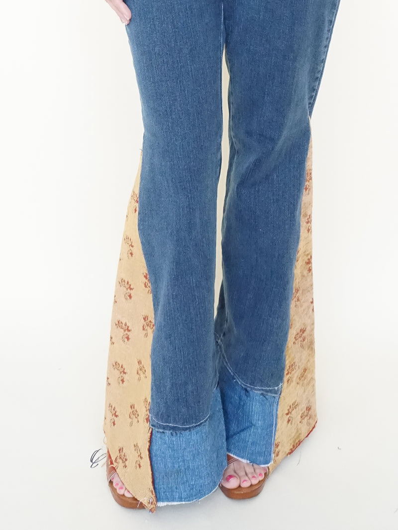 Heart Floral Patchwork Jeans Tapestry Vintage Upcycle Bell Bottoms