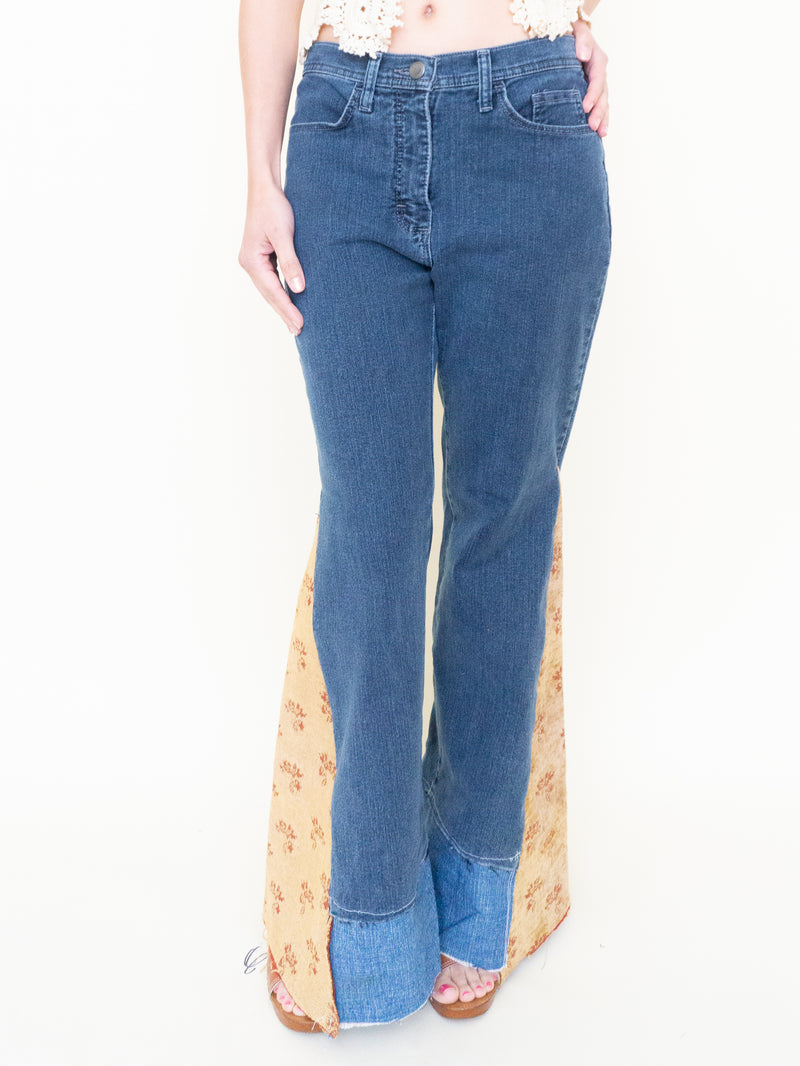 Heart Floral Patchwork Jeans Tapestry Vintage Upcycle Bell Bottoms