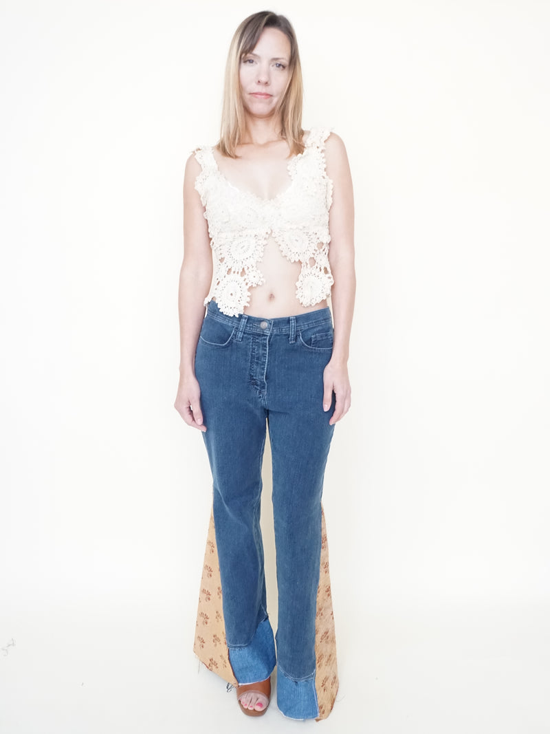 Heart Floral Patchwork Jeans Tapestry Vintage Upcycle Bell Bottoms