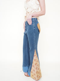 Heart Floral Patchwork Jeans Tapestry Vintage Upcycle Bell Bottoms