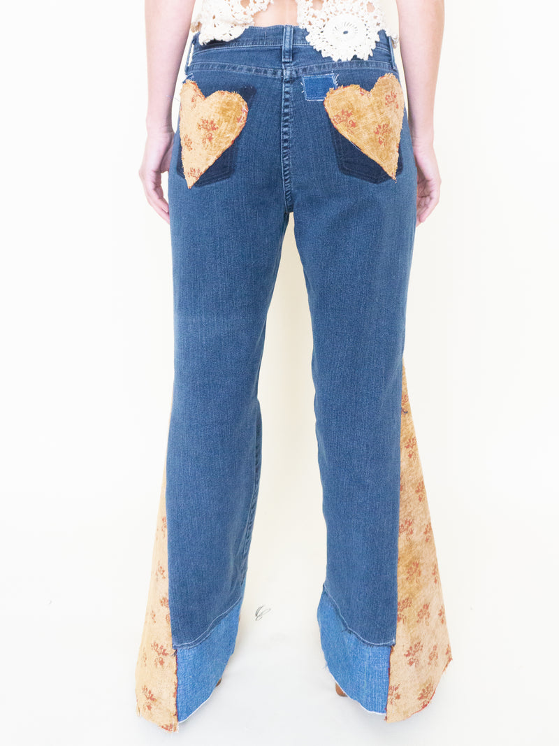Heart Floral Patchwork Jeans Tapestry Vintage Upcycle Bell Bottoms
