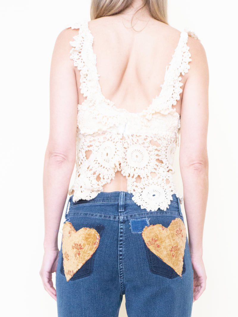 Heart Floral Patchwork Jeans Tapestry Vintage Upcycle Bell Bottoms