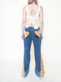Heart Floral Patchwork Jeans Tapestry Vintage Upcycle Bell Bottoms