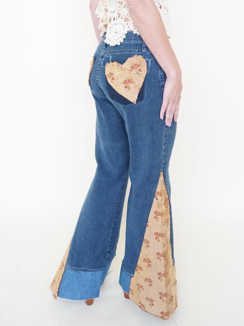 Heart Floral Patchwork Jeans Tapestry Vintage Upcycle Bell Bottoms