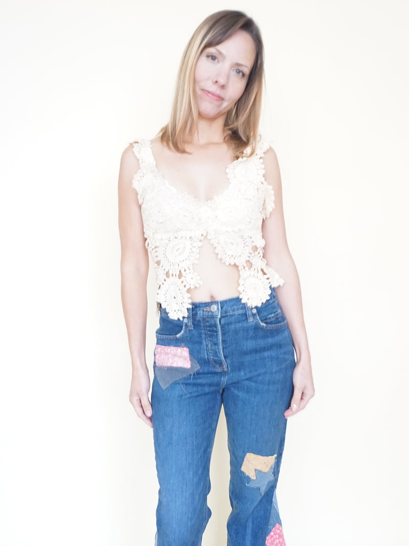 Patchwork Bell Bottom Jeans Boho Hippie Floral Jeans Upcycled