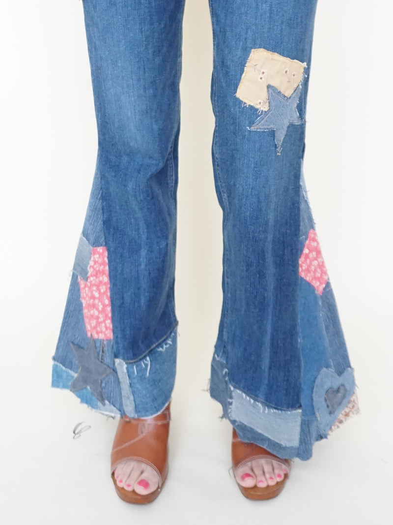 Patchwork Bell Bottom Jeans Boho Hippie Floral Jeans Upcycled