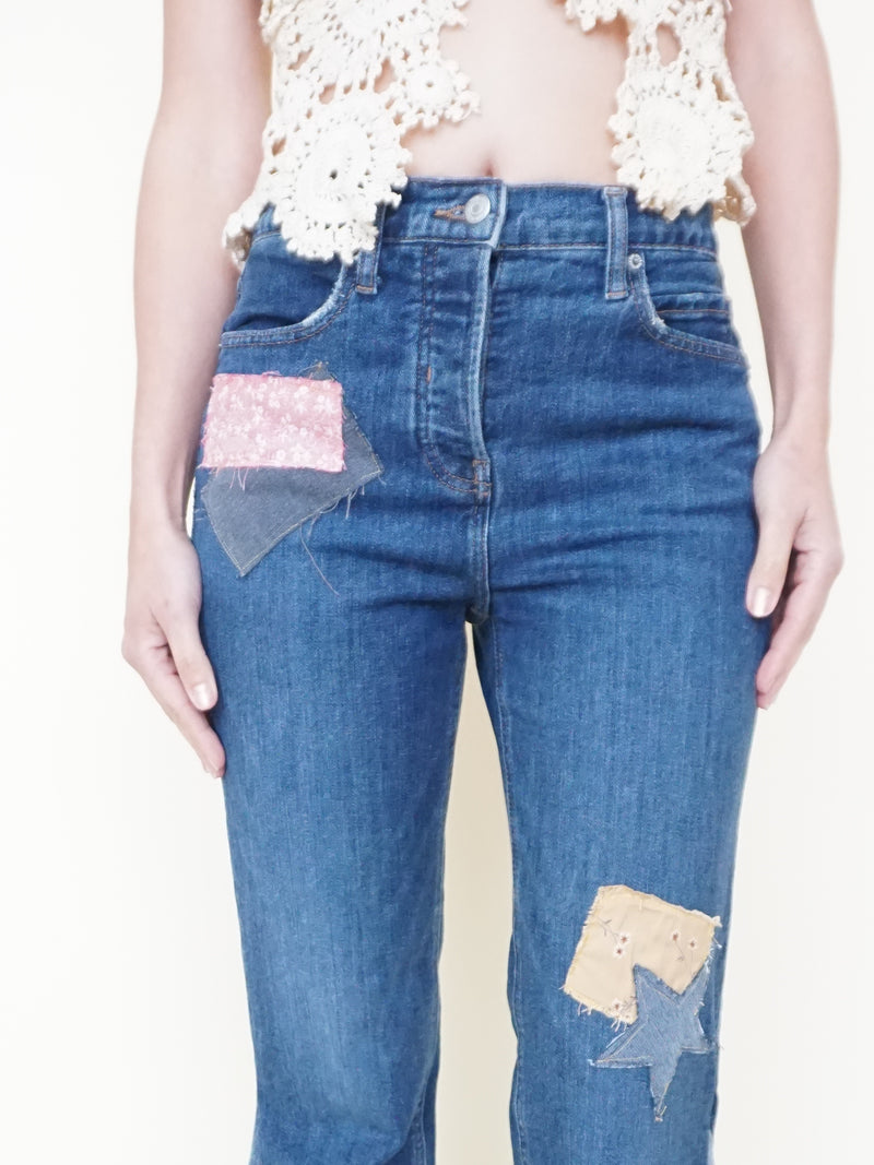 Patchwork Bell Bottom Jeans Boho Hippie Floral Jeans Upcycled