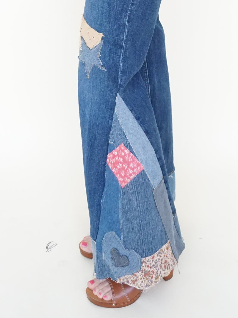 Patchwork Bell Bottom Jeans Boho Hippie Floral Jeans Upcycled