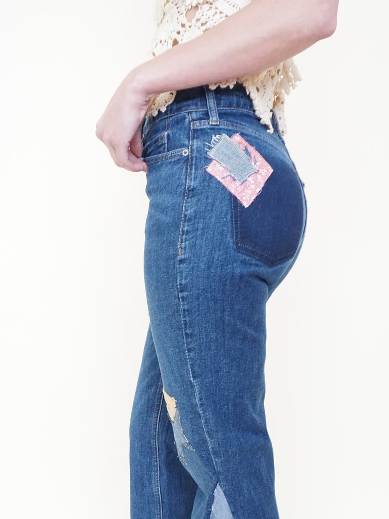 Patchwork Bell Bottom Jeans Boho Hippie Floral Jeans Upcycled