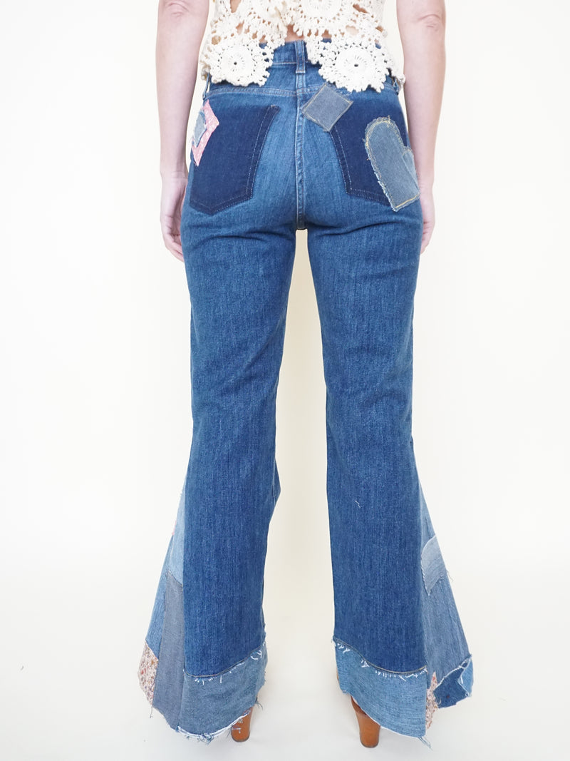 Patchwork Bell Bottom Jeans Boho Hippie Floral Jeans Upcycled
