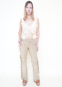Boho Fringe Leather Jeans Vintage Low Rise Western Beaded Suede Jeans