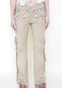 Boho Fringe Leather Jeans Vintage Low Rise Western Beaded Suede Jeans