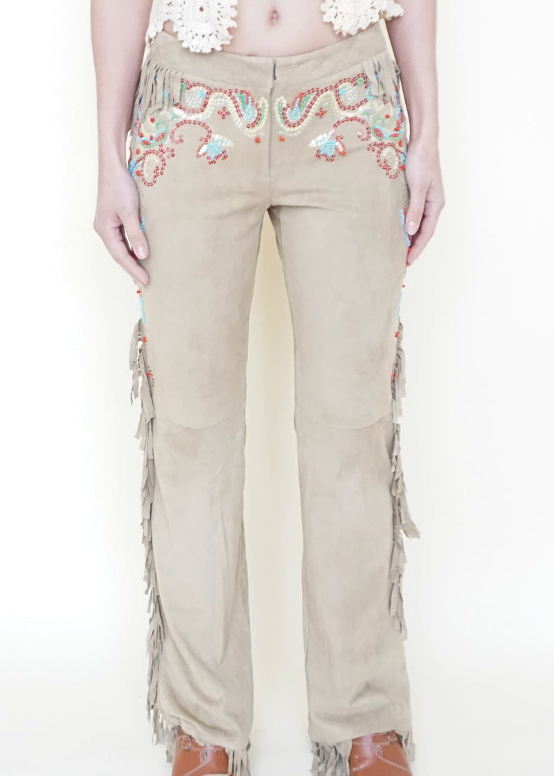 Boho Fringe Leather Jeans Vintage Low Rise Western Beaded Suede Jeans