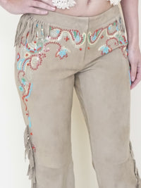 Boho Fringe Leather Jeans Vintage Low Rise Western Beaded Suede Jeans