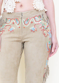Boho Fringe Leather Jeans Vintage Low Rise Western Beaded Suede Jeans