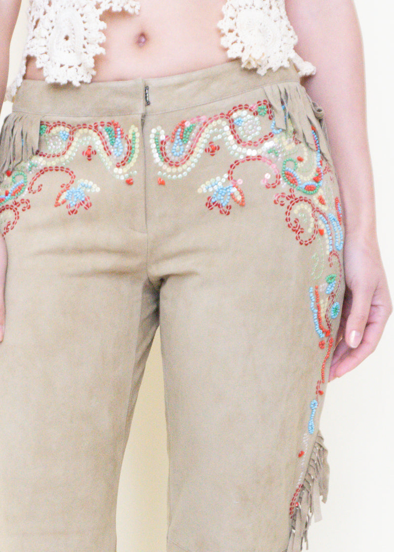 Boho Fringe Leather Jeans Vintage Low Rise Western Beaded Suede Jeans