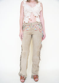 Boho Fringe Leather Jeans Vintage Low Rise Western Beaded Suede Jeans