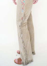 Boho Fringe Leather Jeans Vintage Low Rise Western Beaded Suede Jeans