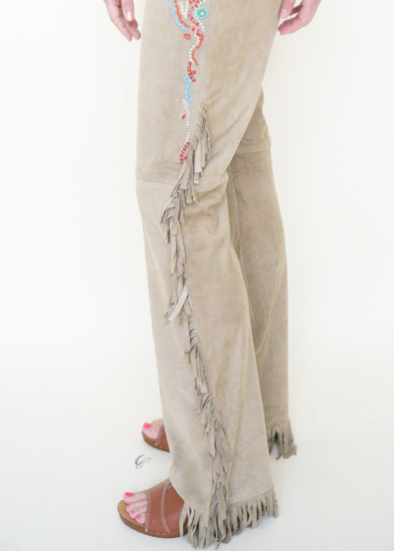 Boho Fringe Leather Jeans Vintage Low Rise Western Beaded Suede Jeans