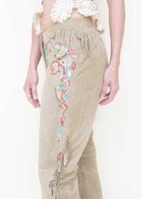 Boho Fringe Leather Jeans Vintage Low Rise Western Beaded Suede Jeans