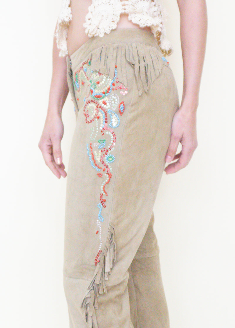 Boho Fringe Leather Jeans Vintage Low Rise Western Beaded Suede Jeans