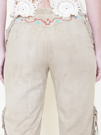 Boho Fringe Leather Jeans Vintage Low Rise Western Beaded Suede Jeans