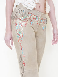 Boho Fringe Leather Jeans Vintage Low Rise Western Beaded Suede Jeans