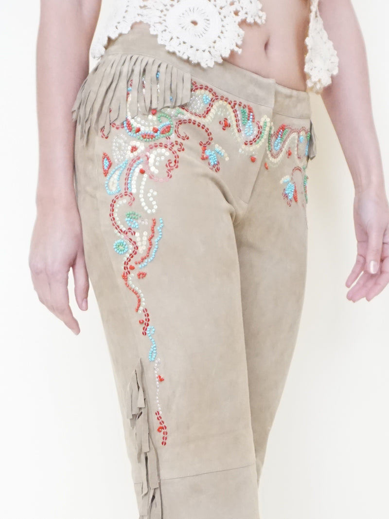 Boho Fringe Leather Jeans Vintage Low Rise Western Beaded Suede Jeans