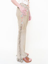 Boho Fringe Leather Jeans Vintage Low Rise Western Beaded Suede Jeans
